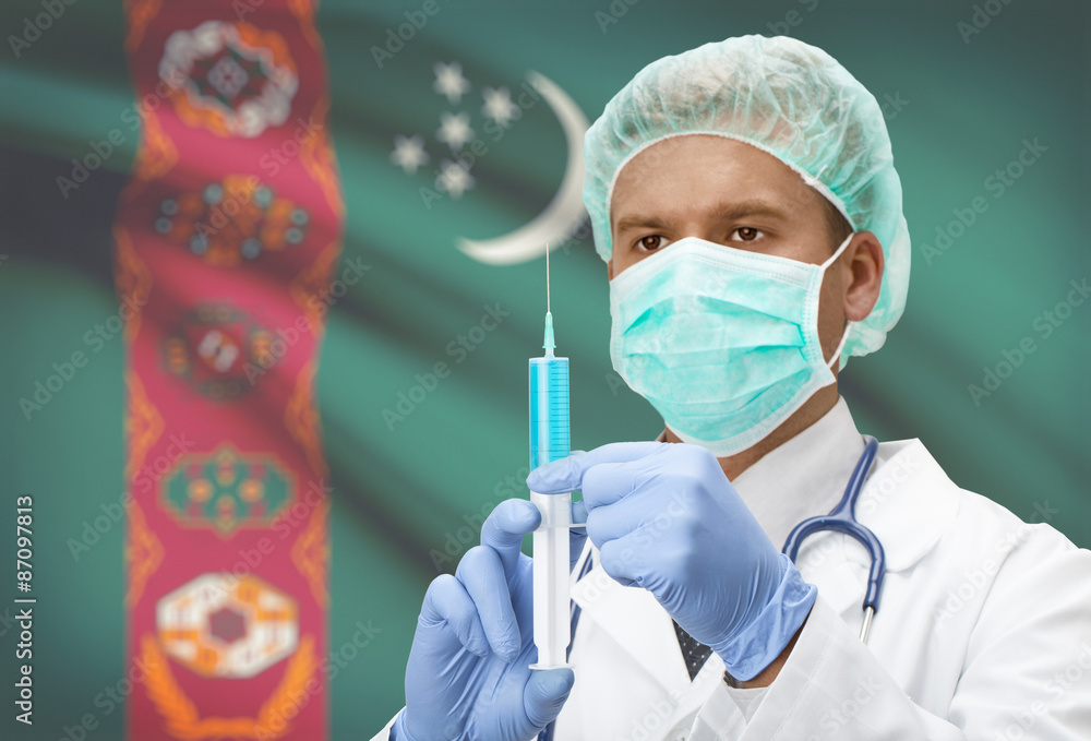 Doctor with syringe in hands and flag on background series - Turkmenistan Doctor with syringe in hands and flag on background series - Turkmenistan