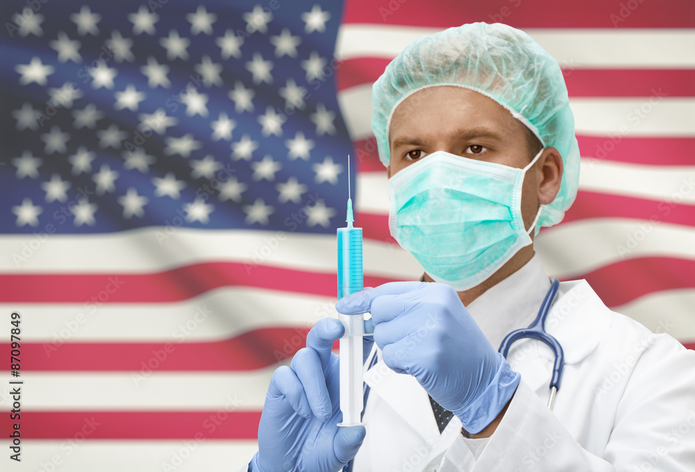 Doctor with syringe in hands and flag on background series - United States Doctor with syringe in hands and flag on background series - United States