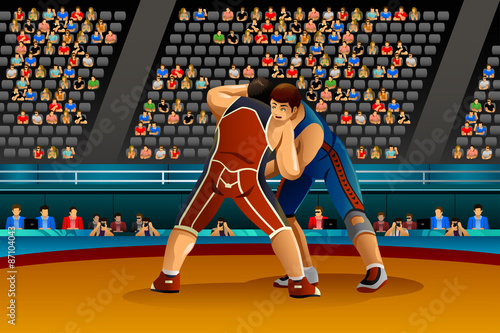 Two Male Athletes Wrestle in the Competition