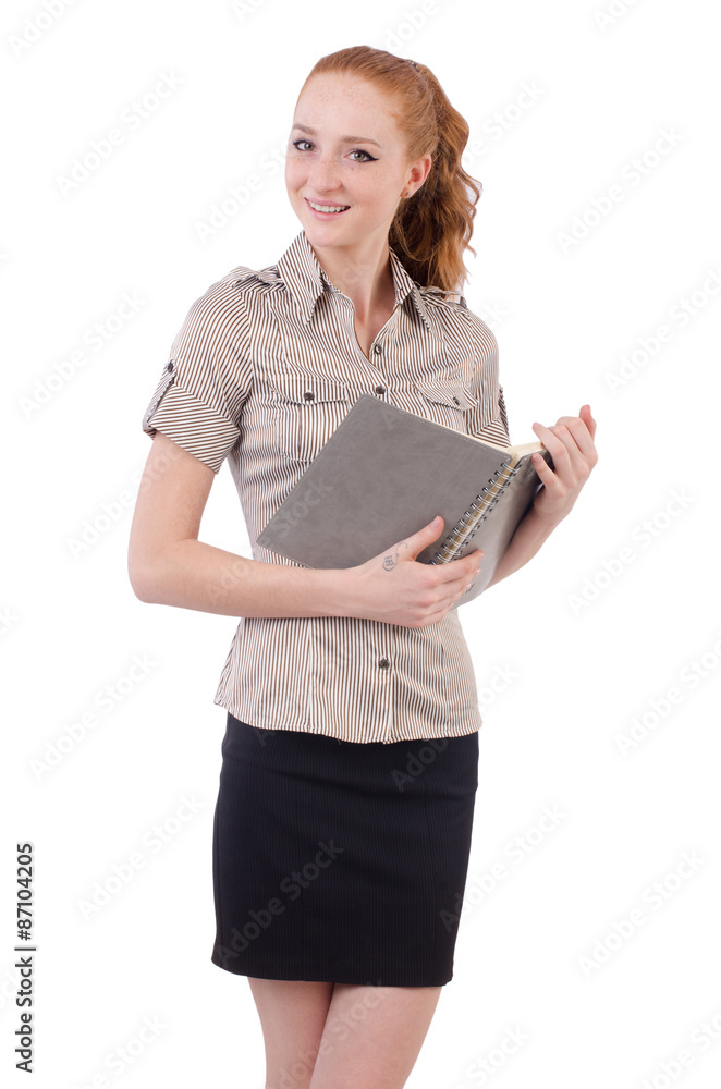 Pretty young employee with paper isolated on white Pretty young employee with paper isolated on white
