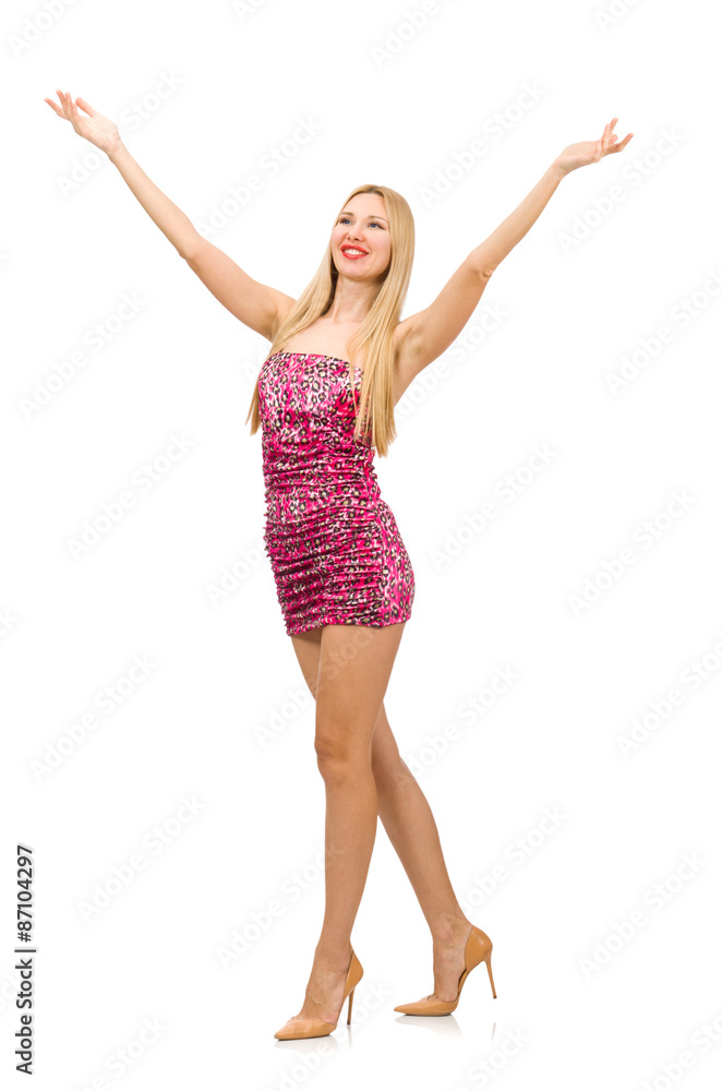 Young woman in strapless dress isolated on white Young woman in strapless dress isolated on white