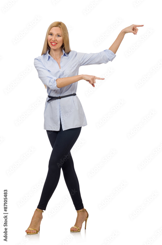 Woman in blue blouse isolated on white Woman in blue blouse isolated on white