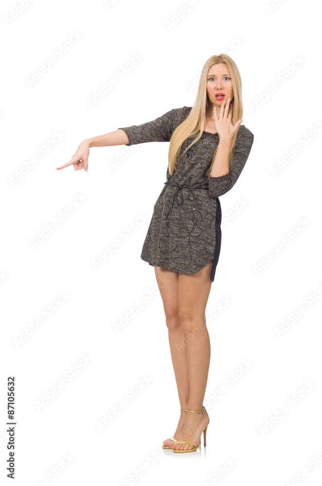 Woman in gray dress isolated on white Woman in gray dress isolated on white