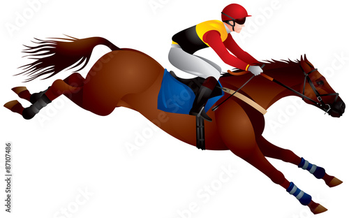 Steeplechase race horse jumping, jump racing or National Hunt racing, Equestrian Sport horse and Rider realistic vector illustration
