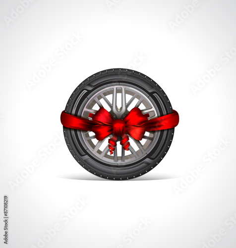 The icon of car tire  with a red bow