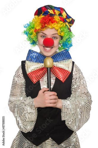 Female clown with maracas isolated on white