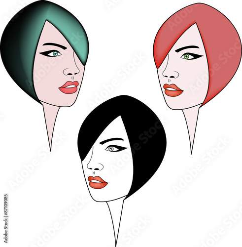 vector illustration of a set of three girl's portrait on a white background