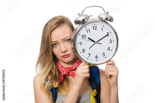 Woman student missing deadlines isolated on white