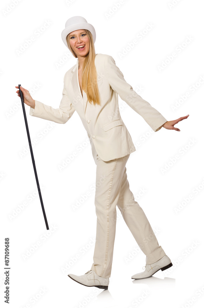 Blond hair girl with walking stick isolated on white Blond hair girl with walking stick isolated on white