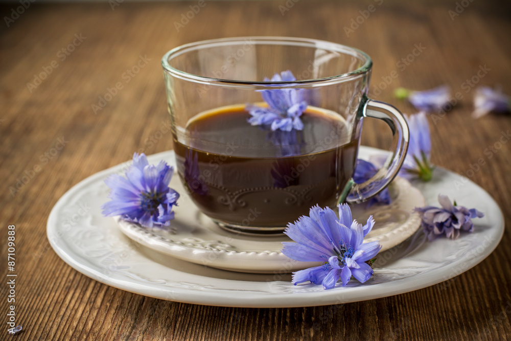Fototapeta premium Chicory flowers and tea from chicory.
