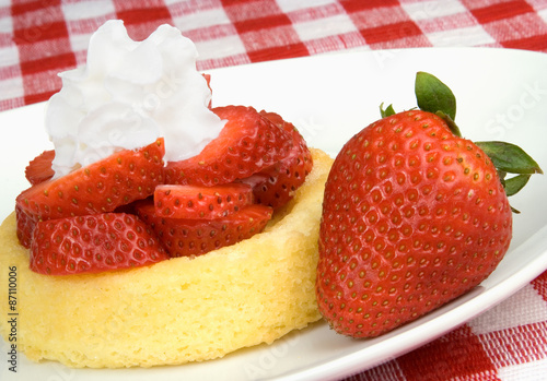 Fotografia, Obraz Strawberry Shortcake with Whipped Cream – Fresh sliced strawberries on a shortcake, with whipped cream on top