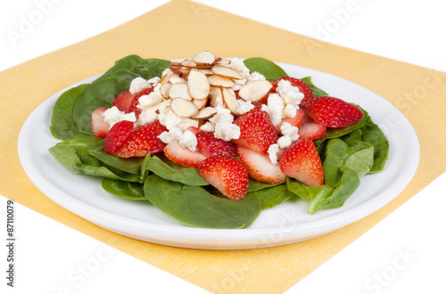 Fresh Summer Salad     Salad with strawberries  almonds  feta cheese and chicken on a bed of fresh spinach.