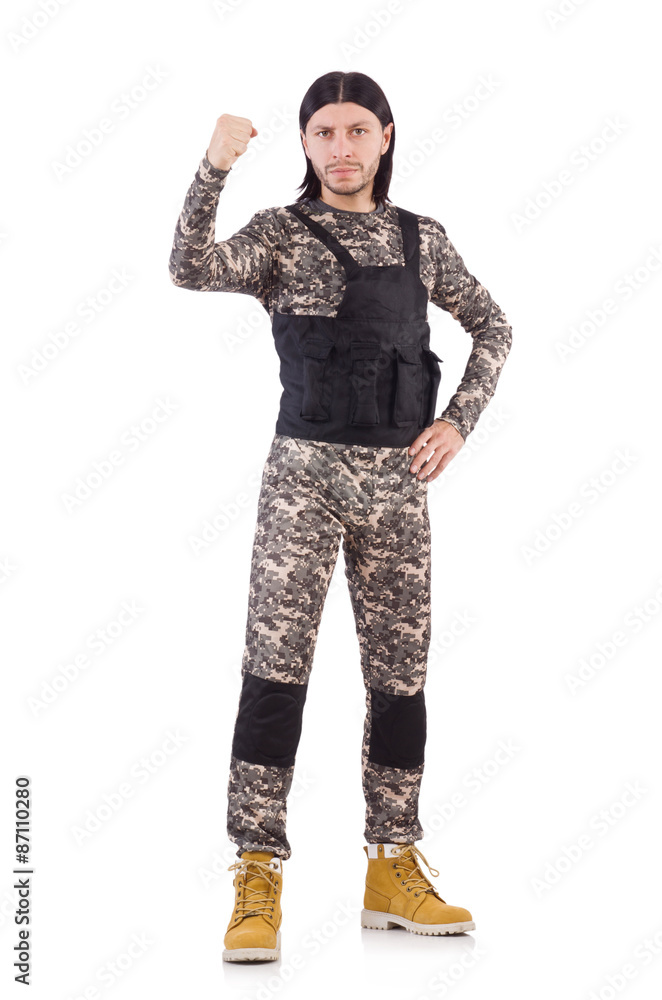 Young man in military uniform isolated on white