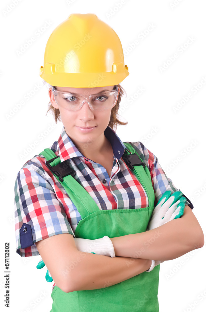 Female workman in green overalls isolated on white Female workman in green overalls isolated on white