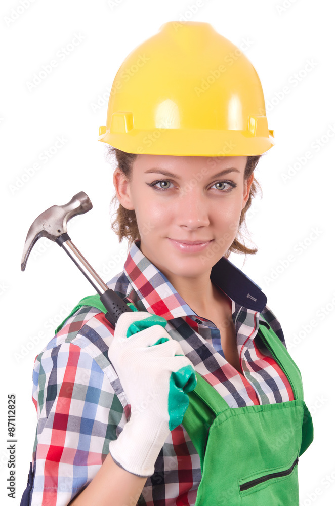 Female workman in green overalls isolated on white