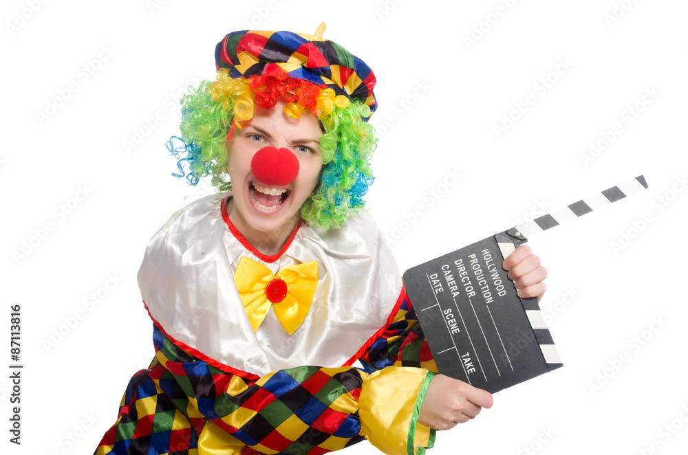 Clown with movie clapper isolated on white Clown with movie clapper isolated on white