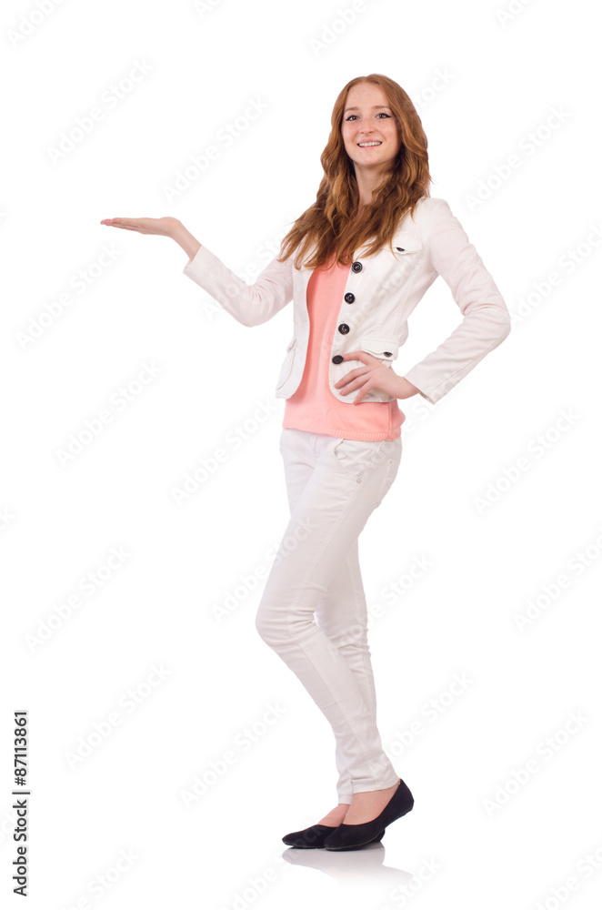 Cute smiling girl in light short coat isolated on white Cute smiling girl in light short coat isolated on white