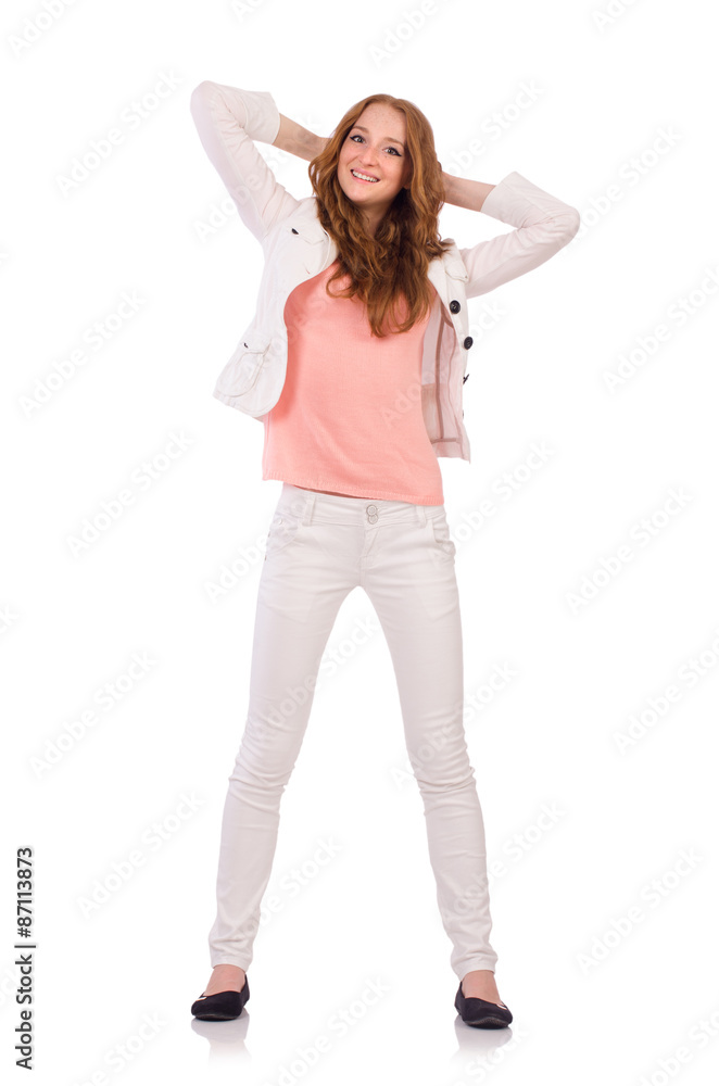 Cute smiling girl in light short coat isolated on white Cute smiling girl in light short coat isolated on white