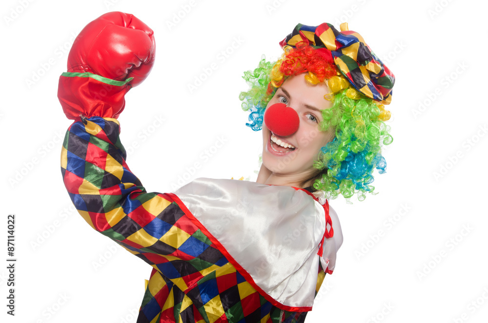 Clown with boxing gloves isolated on white Clown with boxing gloves isolated on white