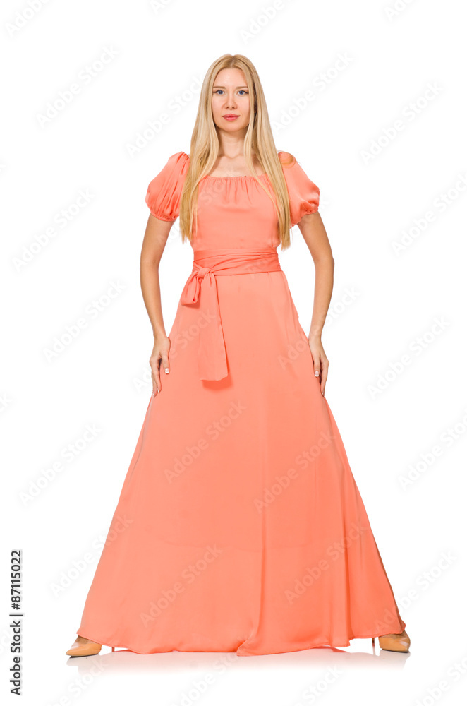 Young woman in pink romantic dress isolated on white