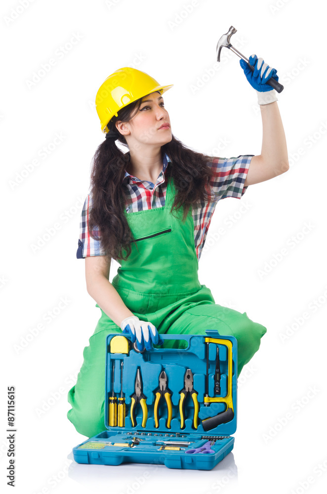 Female workman in green overalls isolated on white Female workman in green overalls isolated on white