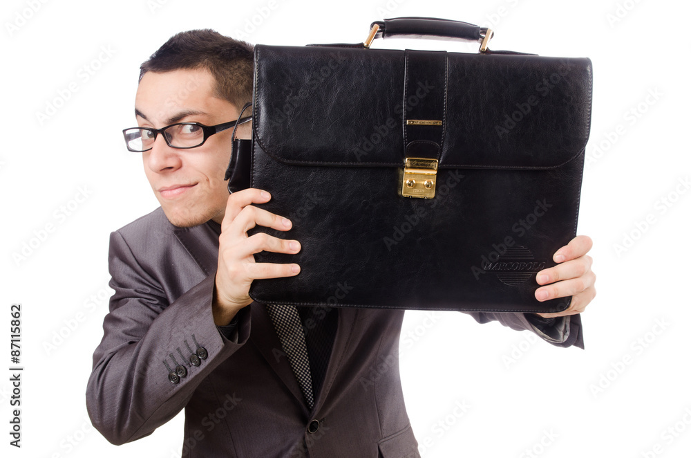 Young man holding briefcase isolated on white Young man holding briefcase isolated on white
