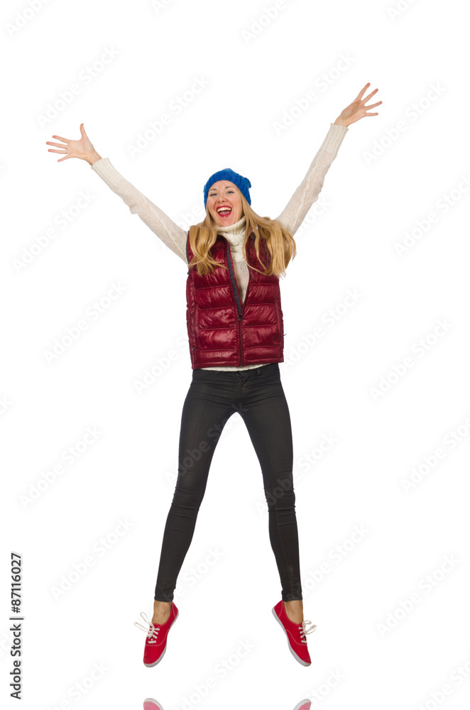 Blond hair girl in bordo vest isolated on white Blond hair girl in bordo vest isolated on white