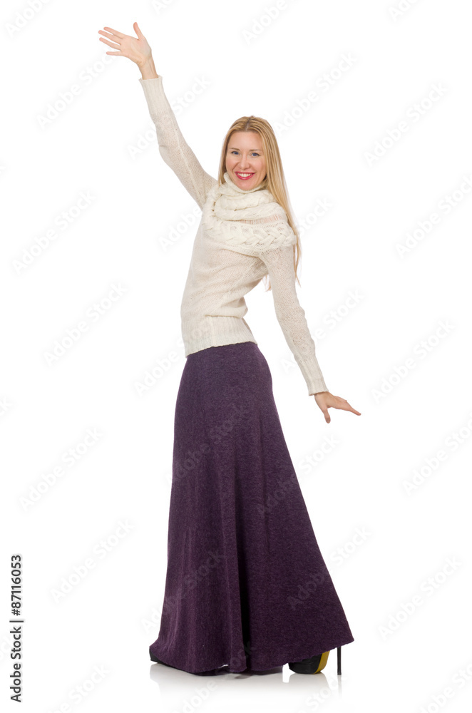 Pretty girl in violet long dress isolated on white Pretty girl in violet long dress isolated on white