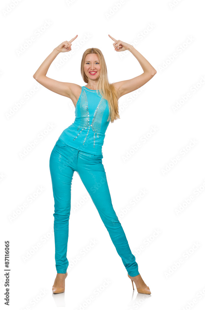 Beautiful girl in blue clothing isolated on white Beautiful girl in blue clothing isolated on white