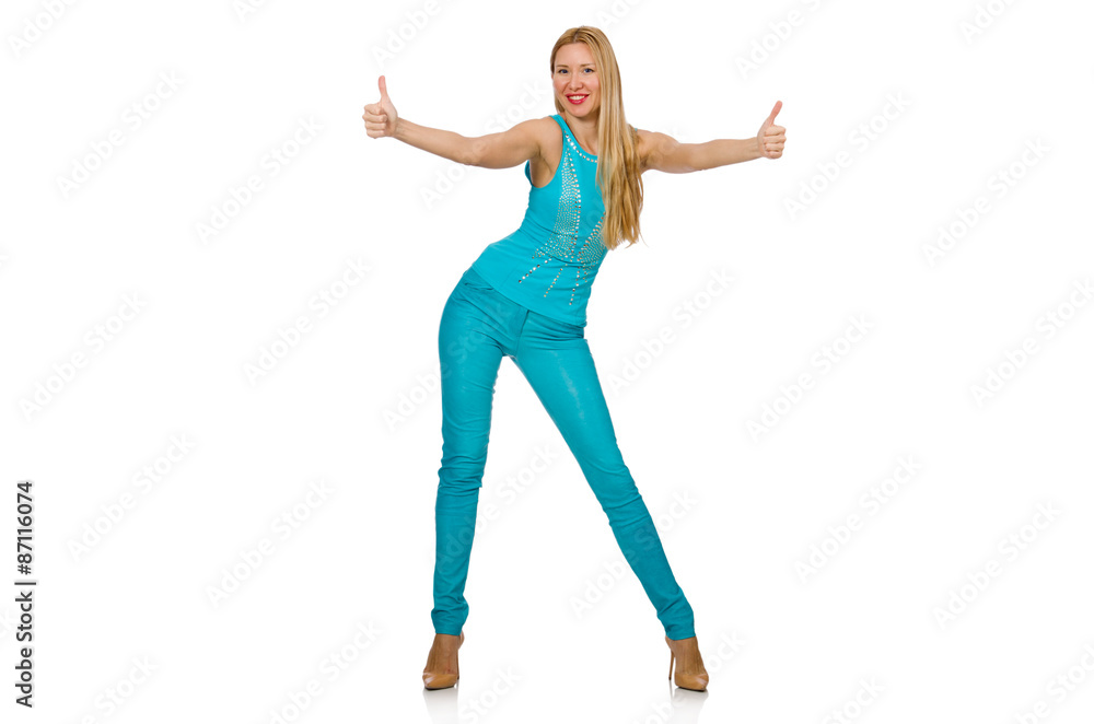 Pretty blond woman in blue pants and shirt isolated on white