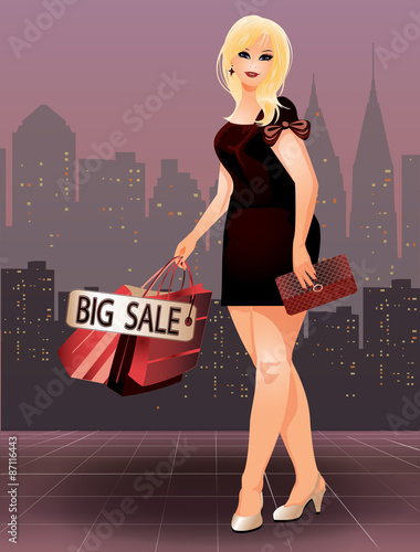 Plus size shopping woman in city, vector illustration