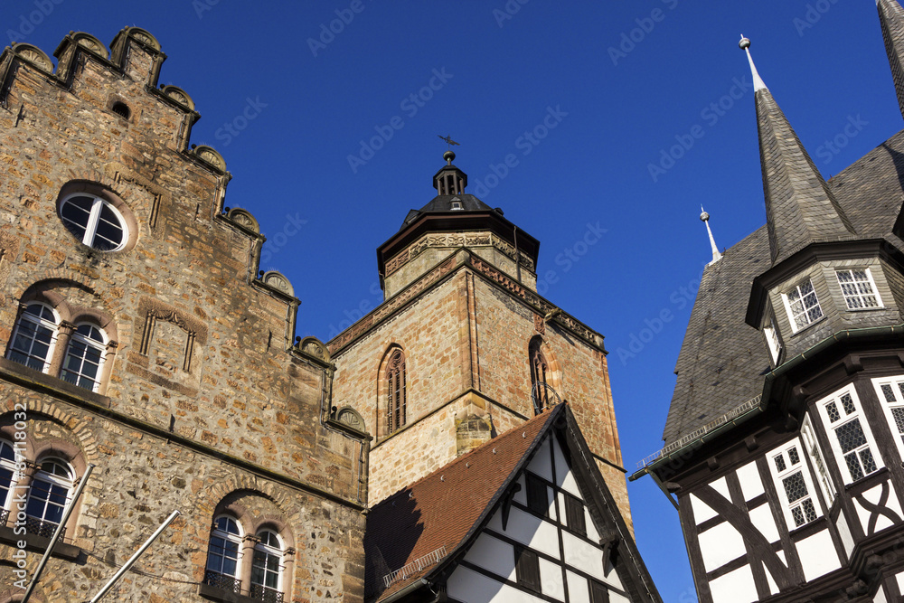 Town Hall, Weinhaus and Walpurgiskirche in Old Town in Alsfeld Town Hall, Weinhaus and Walpurgiskirche in Old Town in Alsfeld