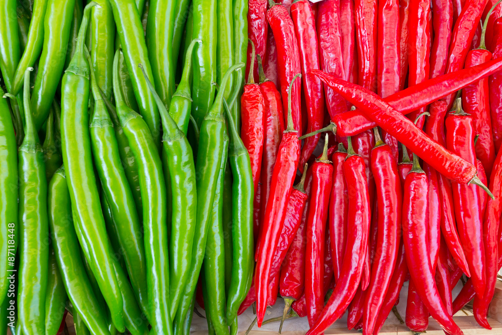 chilli green and red were arranged in a neat and colors ranged b
