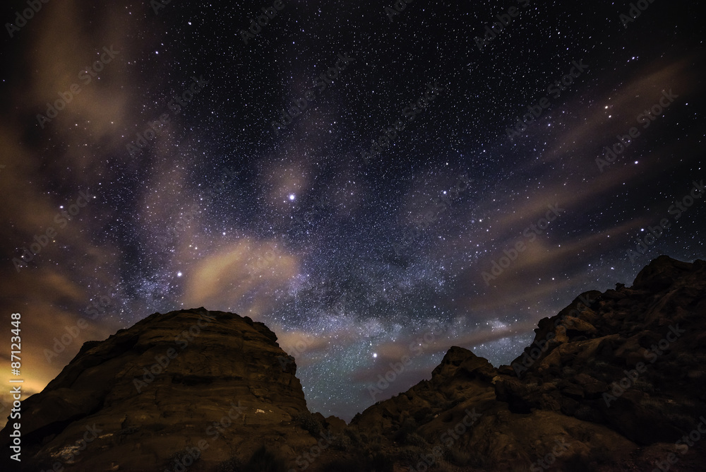Naklejka premium Beautiful Night Starry sky with Rising Milky Way Valley of Fire