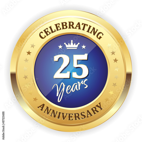 Blue celebrating 25 years badge with gold border
