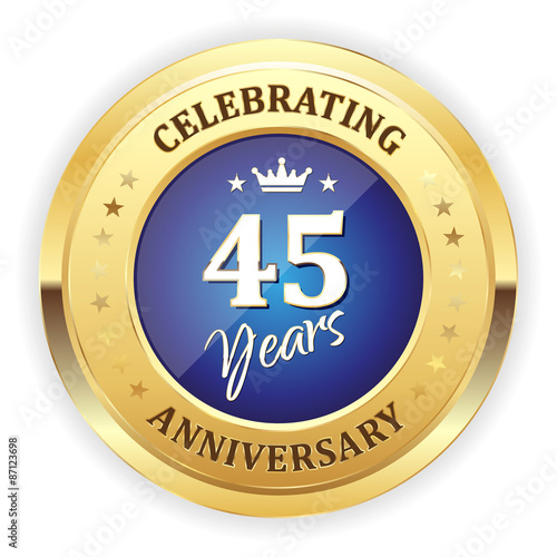 Blue celebrating 45 years badge with gold border