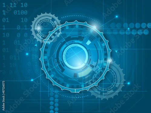 Abstract blue digital technology background with gears, glitter and number scheme