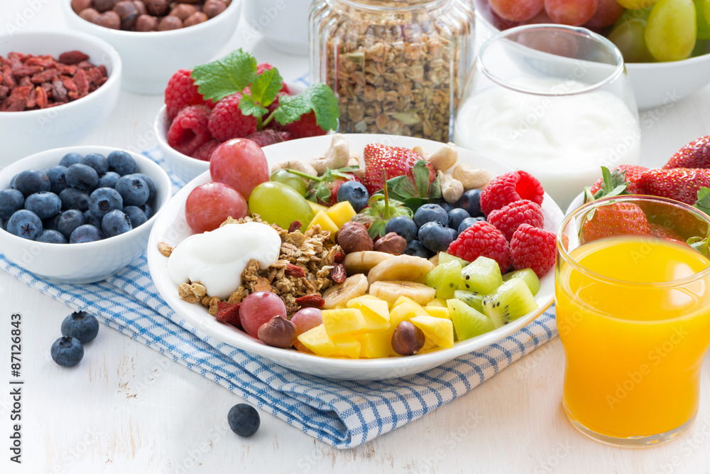berries, fruits, nuts and granola on the plate berries, fruits, nuts and granola on the plate