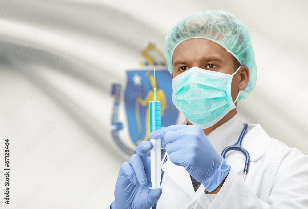 Doctor with syringe in hands and US states flags on background series - Massachusetts