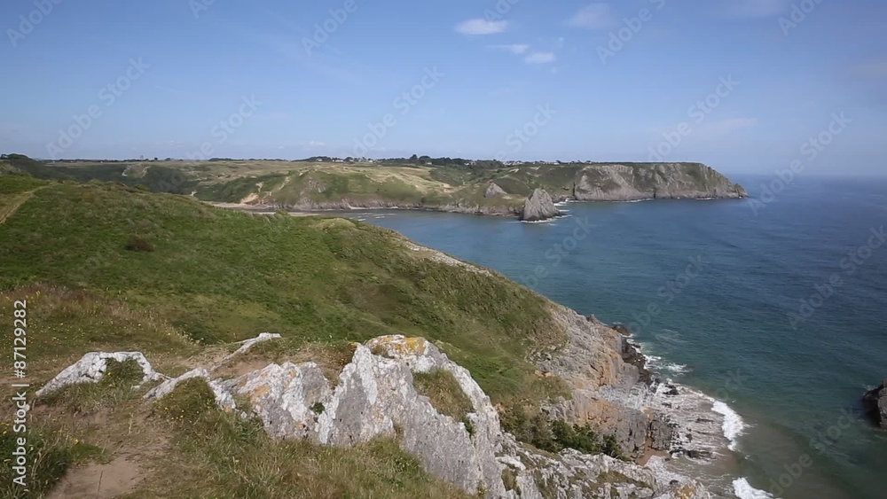View of Three Cliffs Bay the Gower Peninsula Swansea Wales uk from the west View of Three Cliffs Bay the Gower Peninsula Swansea Wales uk from the west