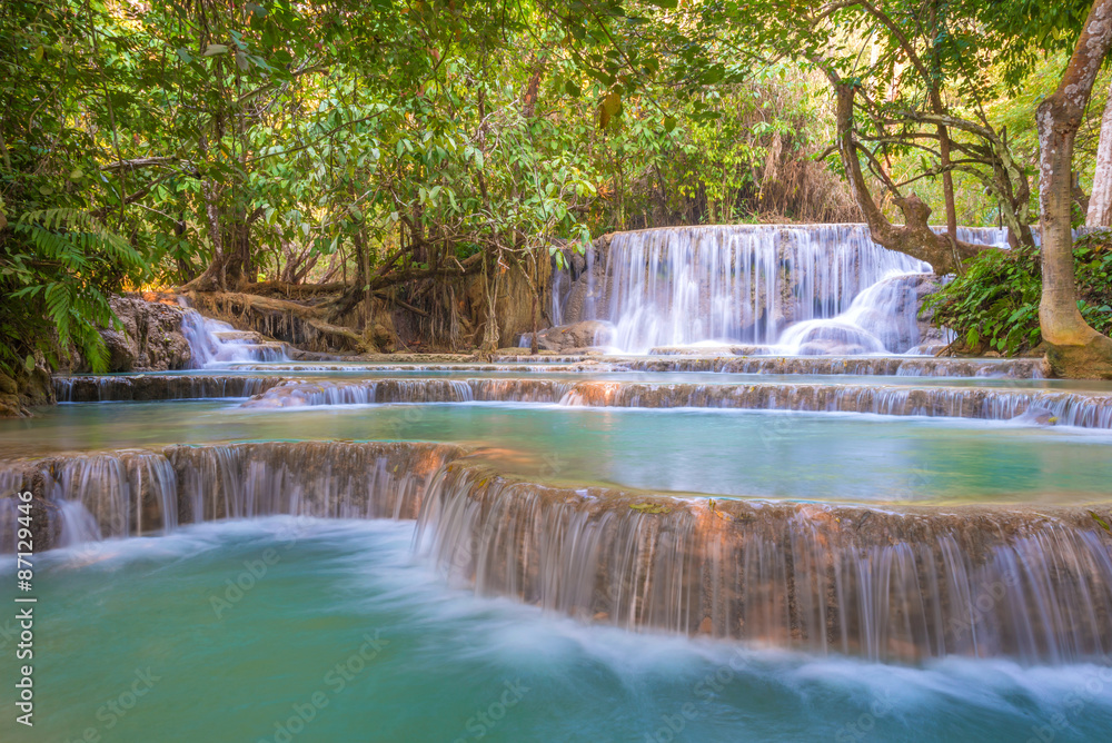 Waterfall in rain forest (Tat Kuang Si Waterfalls at Luang praba