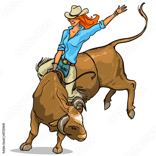 Cowgirl riding a bull, Isolated