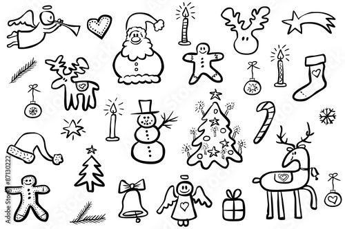 Vektor-Set: Xmas-Icons, handgezeichnet, Skizzen, schwarzweiß