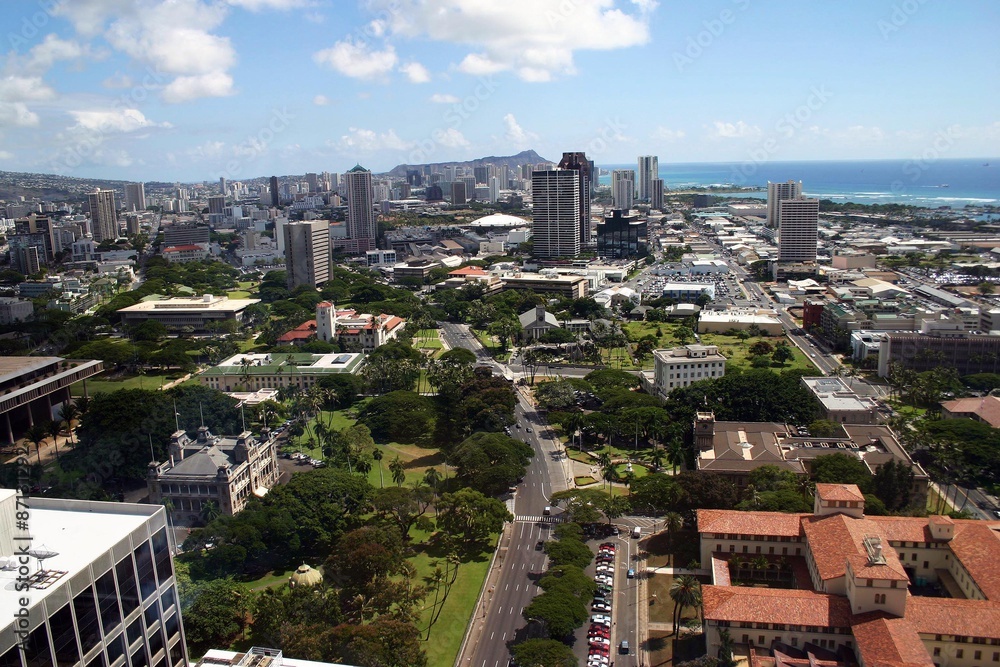 Obraz premium オアフ島ダウンタウン鳥瞰図