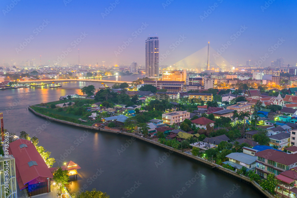 Landscape of river in Bangkok cityscape in night time