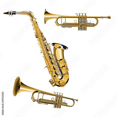 vector illustration of trumpet in different projections with silver and gold items Saxophone