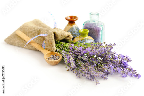 Lavender fresh and dry flowers on white background