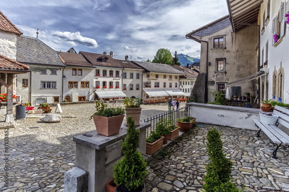 Street in Gruyeres village, Fribourg, Switzerland