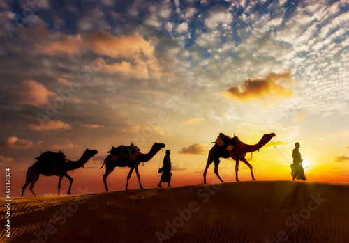 Obraz na plátně Two cameleers camel drivers with camels in dunes of Thar deser