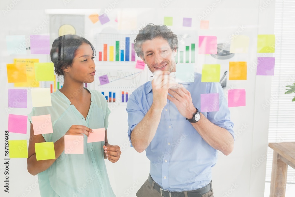 Puzzled business team looking post its on the wall Puzzled business team looking post its on the wall